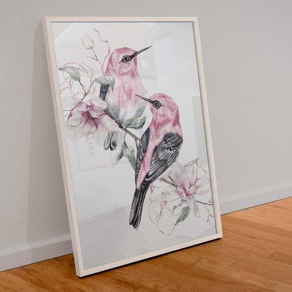 Watercolor Wall Art Cute Pink Birds Print Unframed - Picture 2 of 6